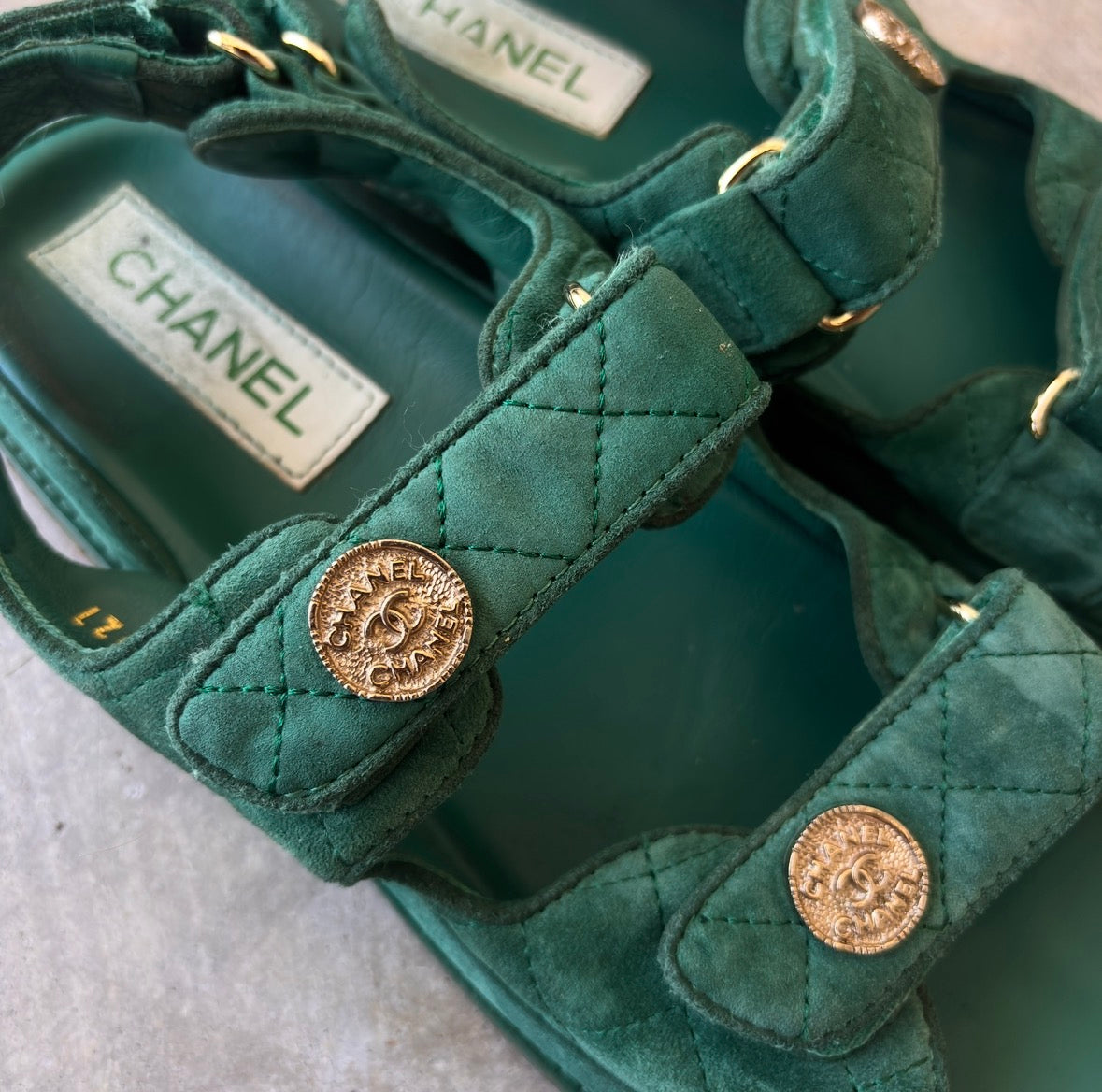 Chanel Green CC Quilted Dad Sandals
