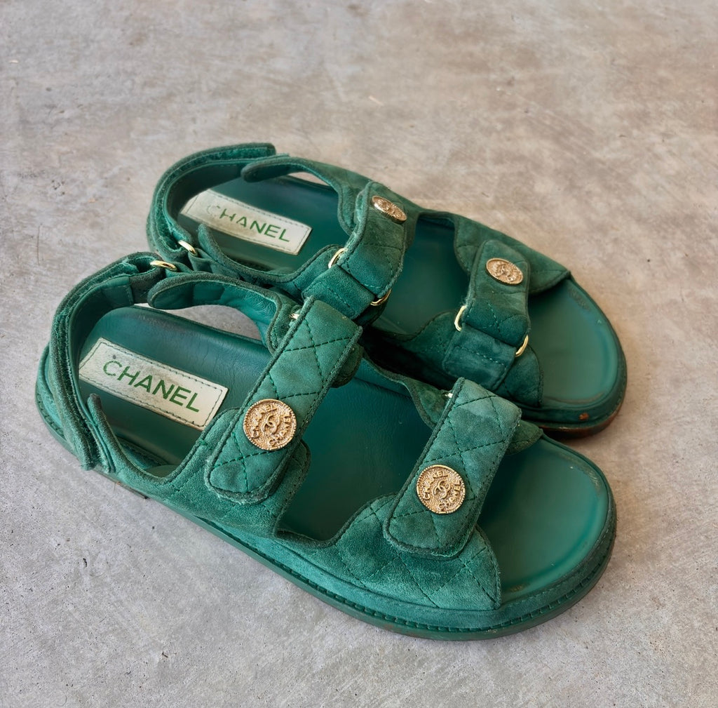 Chanel Green CC Quilted Dad Sandals