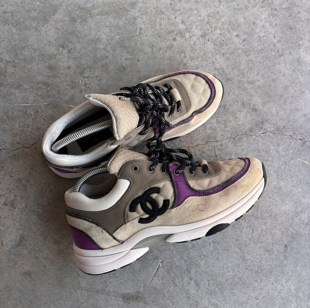 Chanel Grey/Purple Quilted CC Sneakers