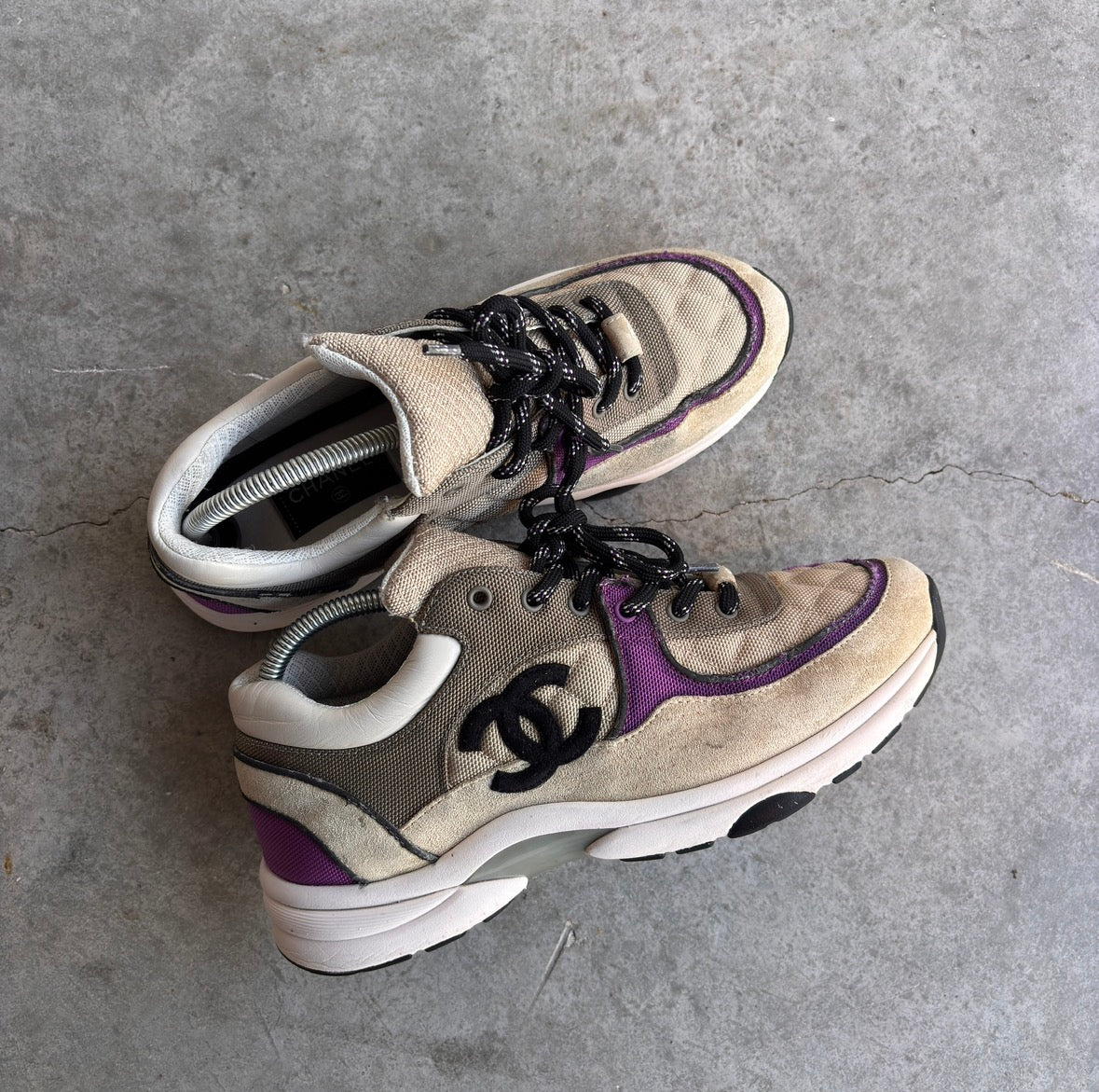 Chanel Grey/Purple Quilted CC Sneakers