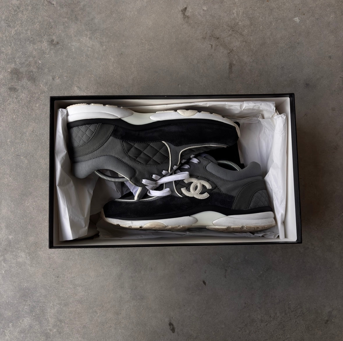 Chanel Grey Quilted CC Trainers