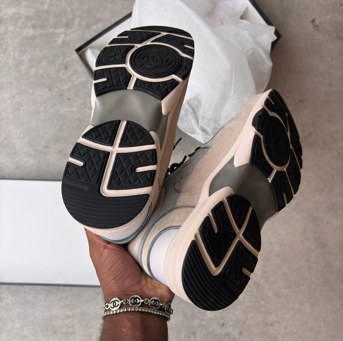 Chanel Grey Quilted CC Trainers
