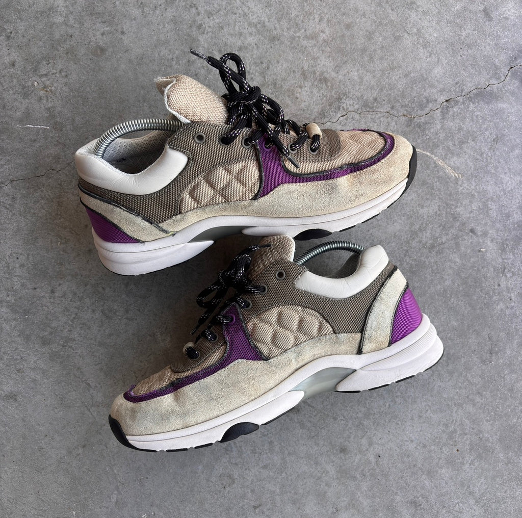 Chanel Grey/Purple Quilted CC Sneakers