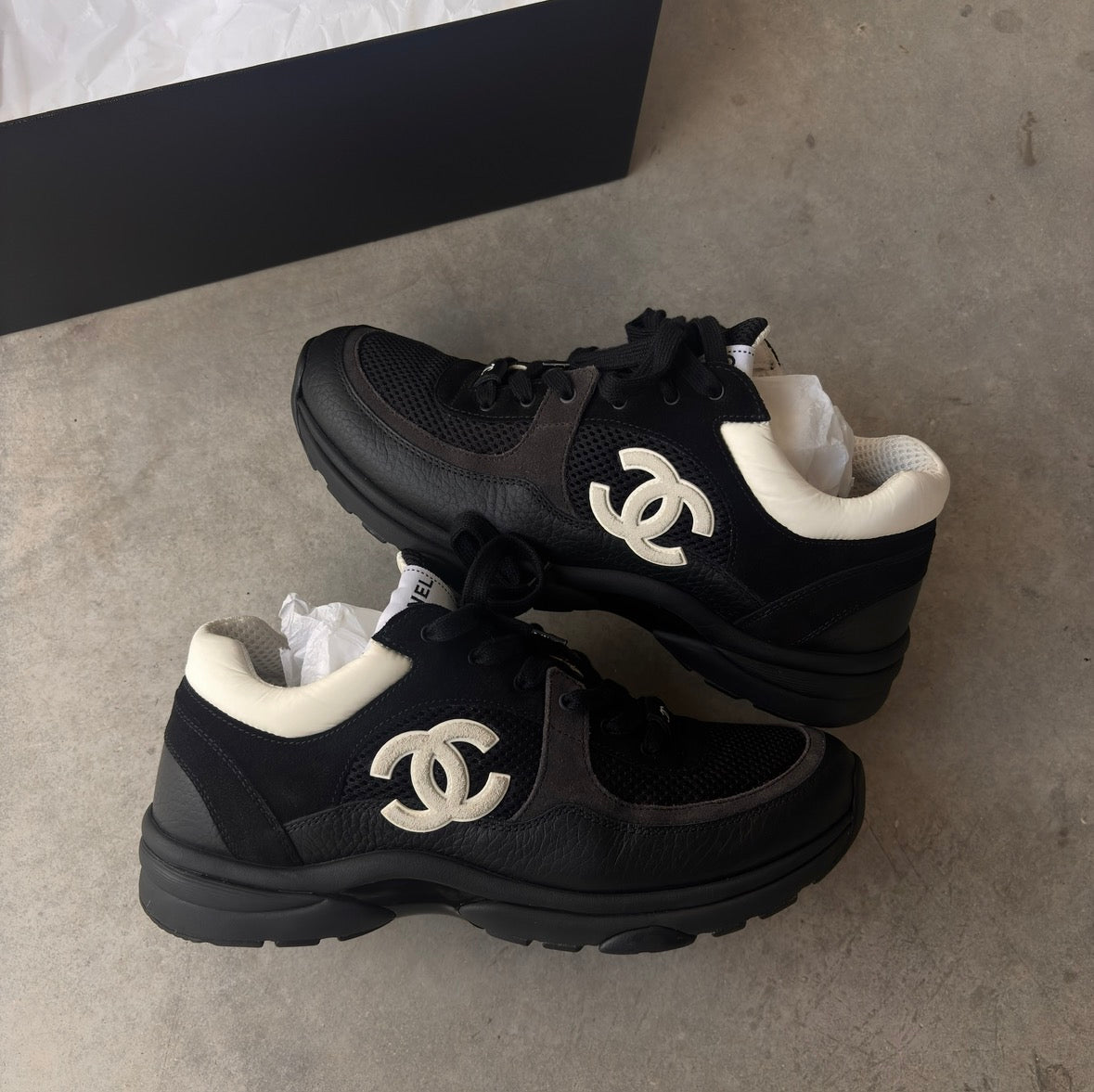 Chanel Black/Grey CC Trainers 42