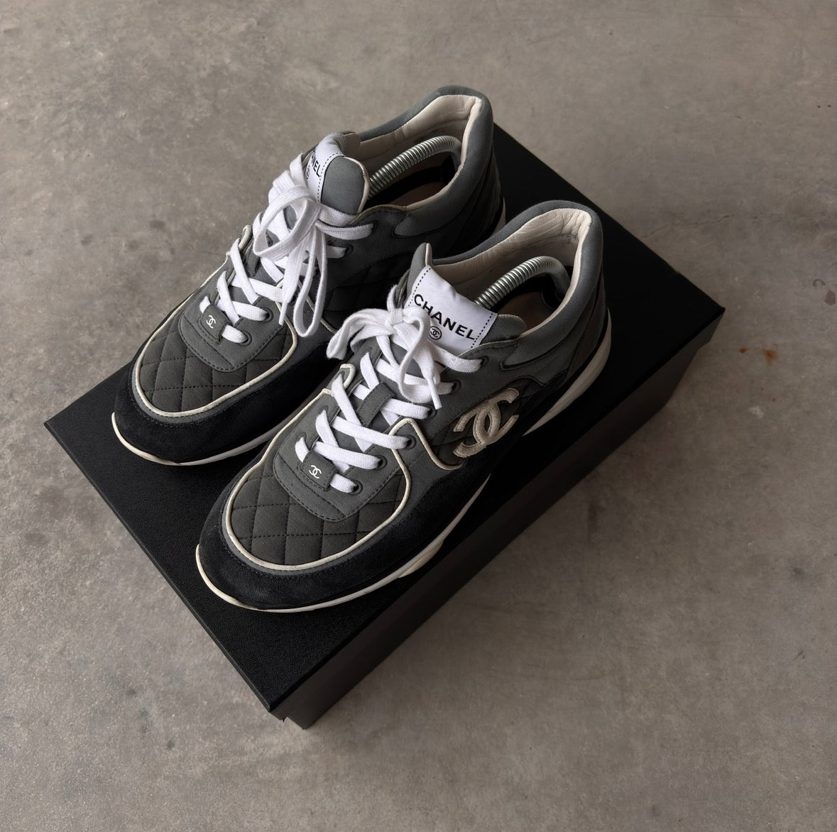 Chanel Grey Quilted CC Trainers
