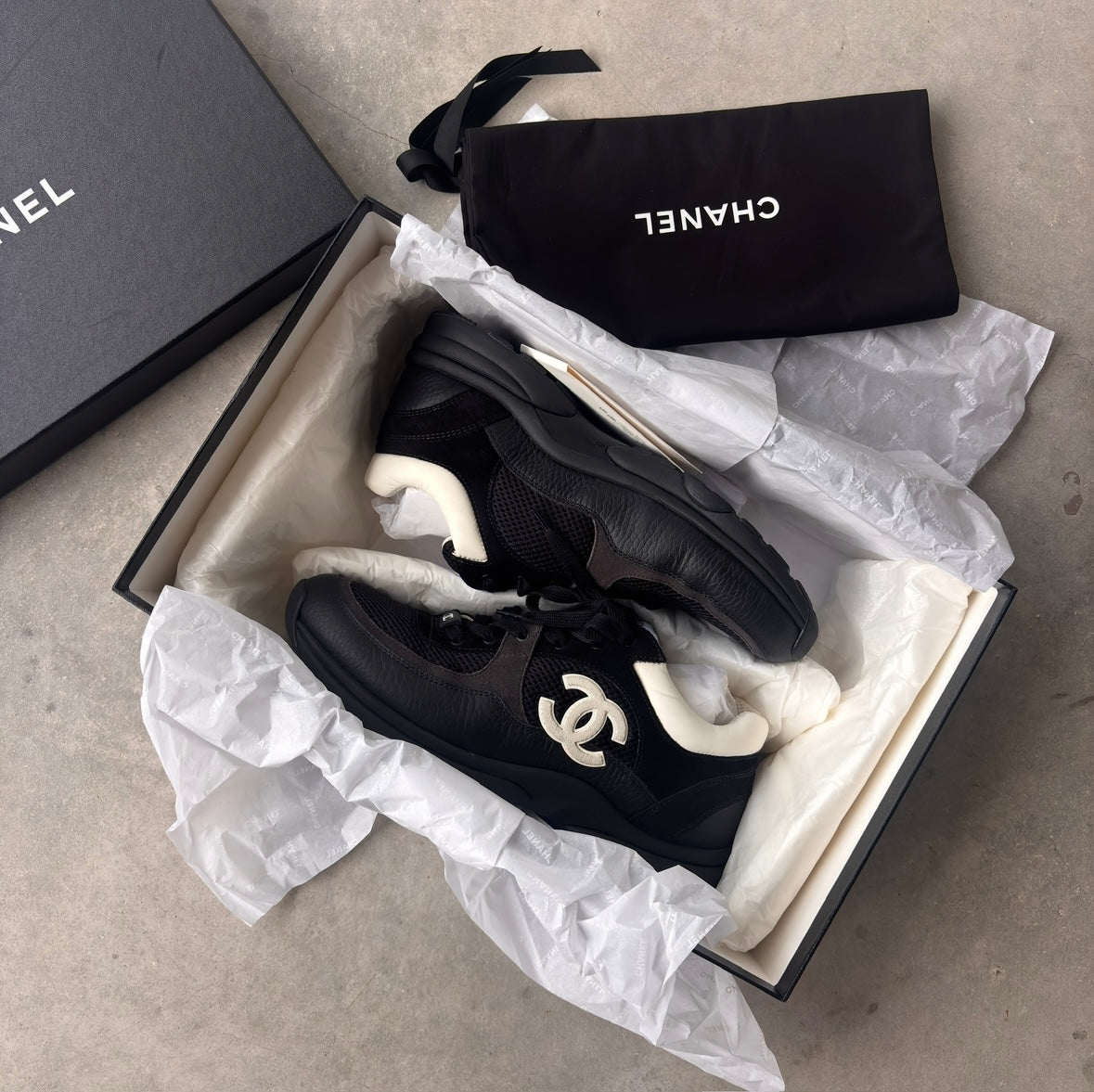 Chanel Black/Grey CC Trainers 42