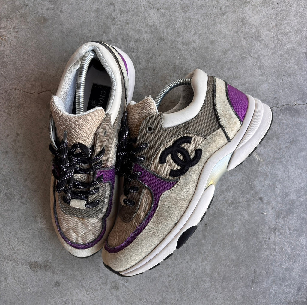 Chanel Grey/Purple Quilted CC Sneakers